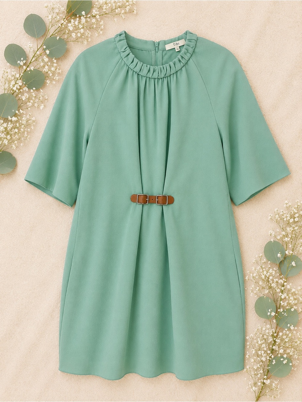 Tibi Textured Shift Dress | Mint Green Designer Dress | Leather Accent Detail